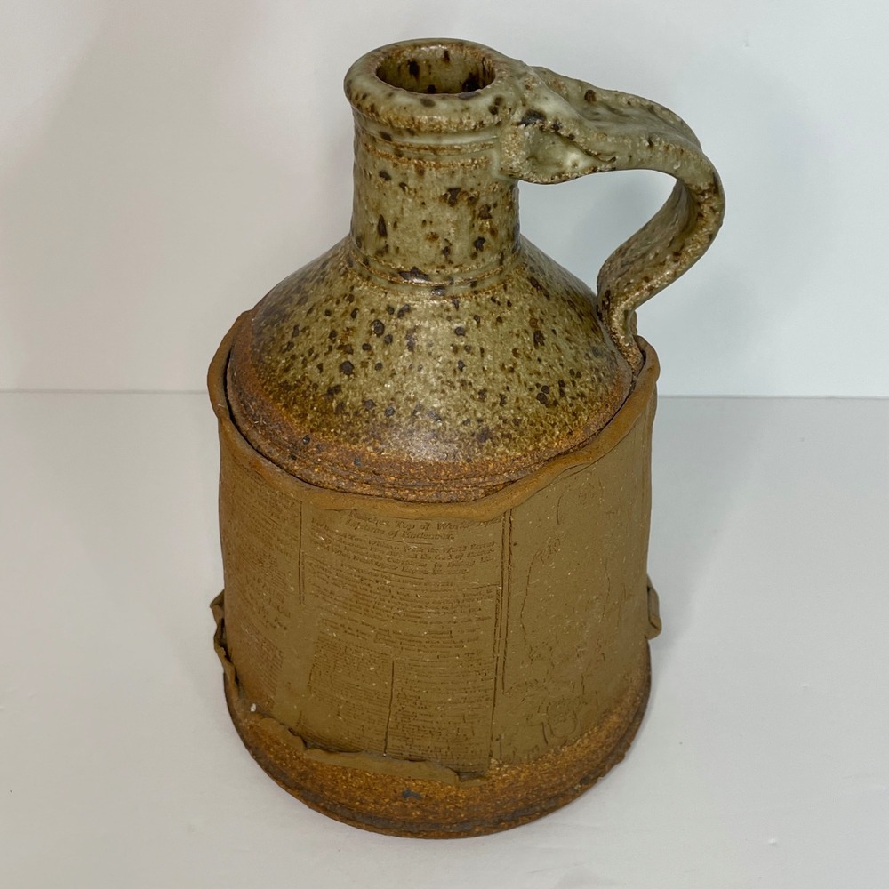Vintage Studio Pottery Whiskey Jug Newspaper Relief Clay Art Salt‎ Glaze Brown